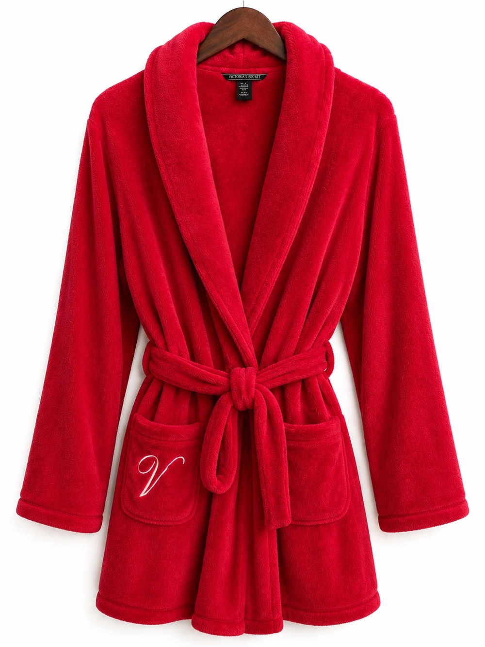 Victoria’s Secret Plush Fleece Robe Red Monogram “V” Tie Waist Size M/L
